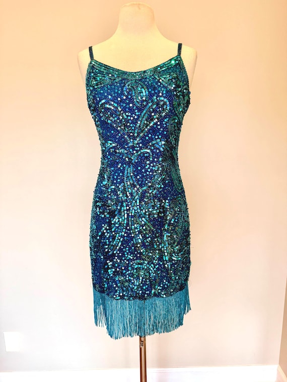 Vintage Lillie Rubin Teal Sequin Fringe Dress, 1920s Gatsby Flapper Dress, Beaded Cocktail Dress, Roaring 20s Party Dress, Sz S