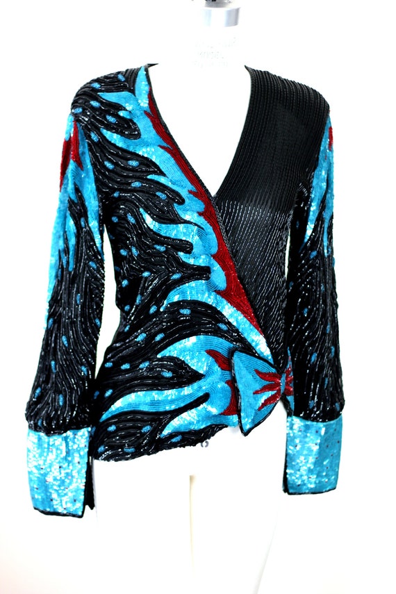 Sz L //Amazing Sequin Jacket//  Beaded bow with B… - image 5