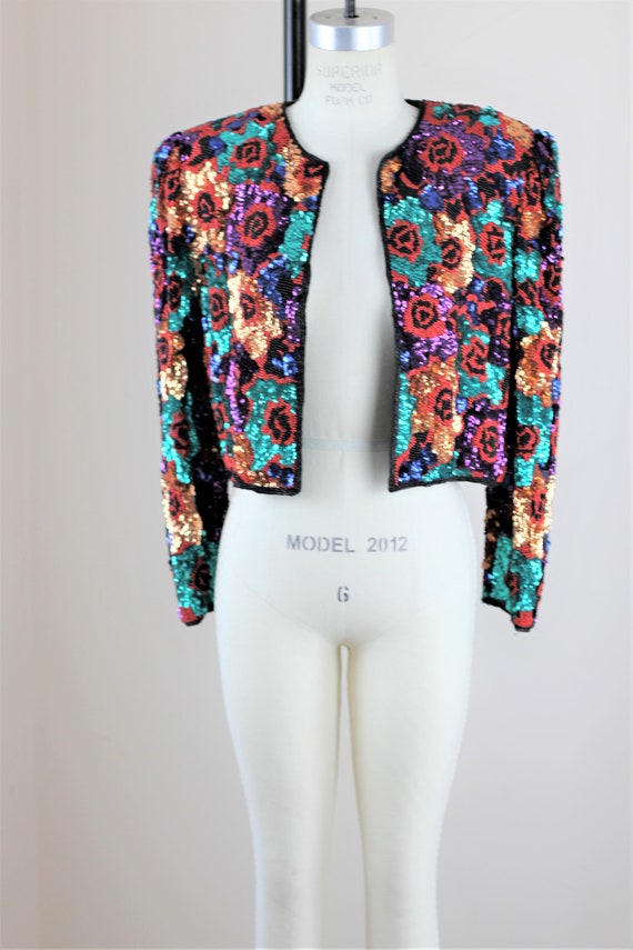 SzM// Black Tie Heavily beaded Rose Jacket//Sequi… - image 2