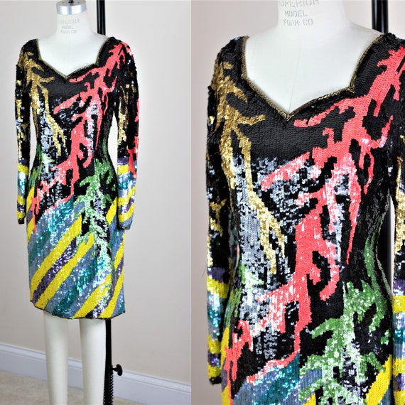 Sz S// Vtg Sequin beaded dress// colorful abstract