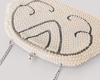 Vintage Japanse clutch met kralen en parels, ivoorkleurige avondtas met imitatieparels, Japanse bruidstas met kralen