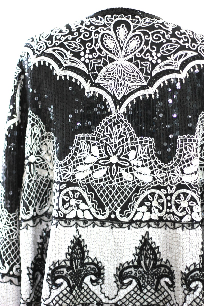 Size Small Judith Ann Creations sequin beaded jacket Black white Fit /& Flare