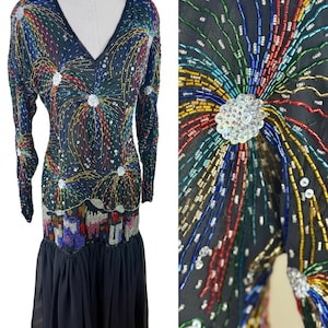 Sz S//RARE Judith Ann Vintage Sequin Fireworks Dress//Hand-Beaded Silk Party Dress//80s Cityscape Glam Showstopper