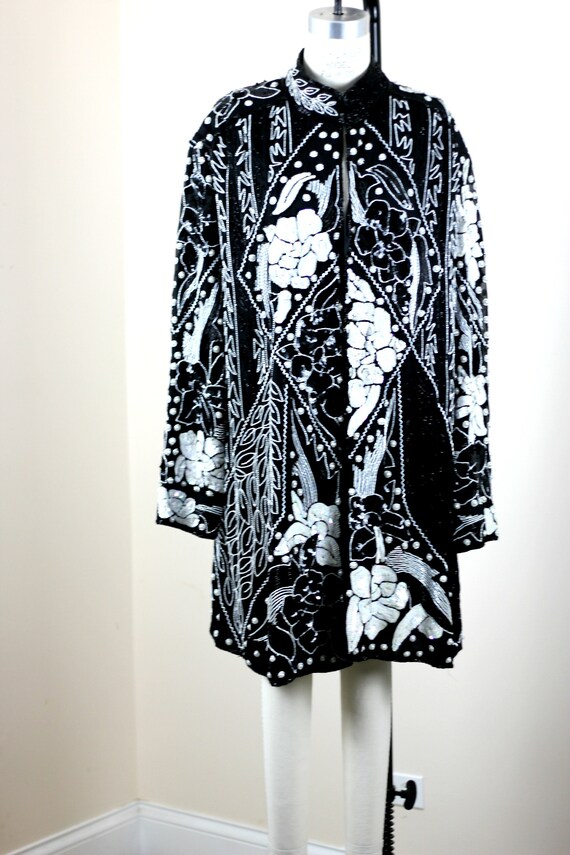 Plus sz 2X// Black White Sequin Beaded Duster// L… - image 6