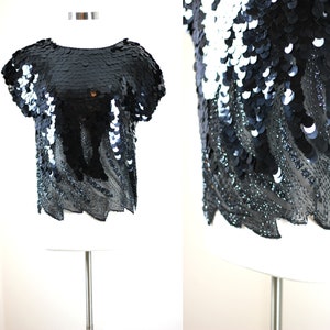 Sz S // Vintage Cassini Schwarzes Payettes Pailette Perlentop // Glam Top