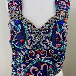 Size M//Brilliant Blue Vintage Gem Abstract Top//Fab Beaded Top
