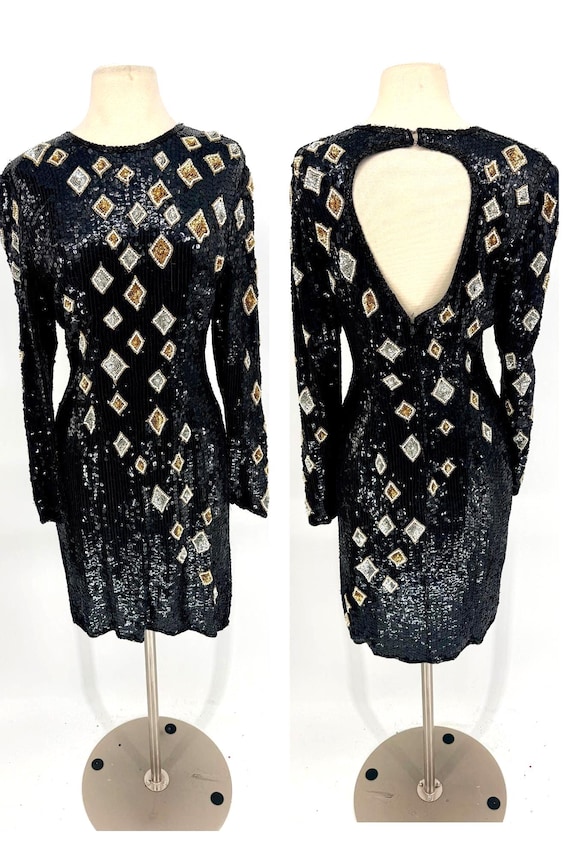 Size M//black Sequin Long Sleeve Dress With Gold & Silver Diamonds//vintage  Judith Ann Creations - Etsy Australia