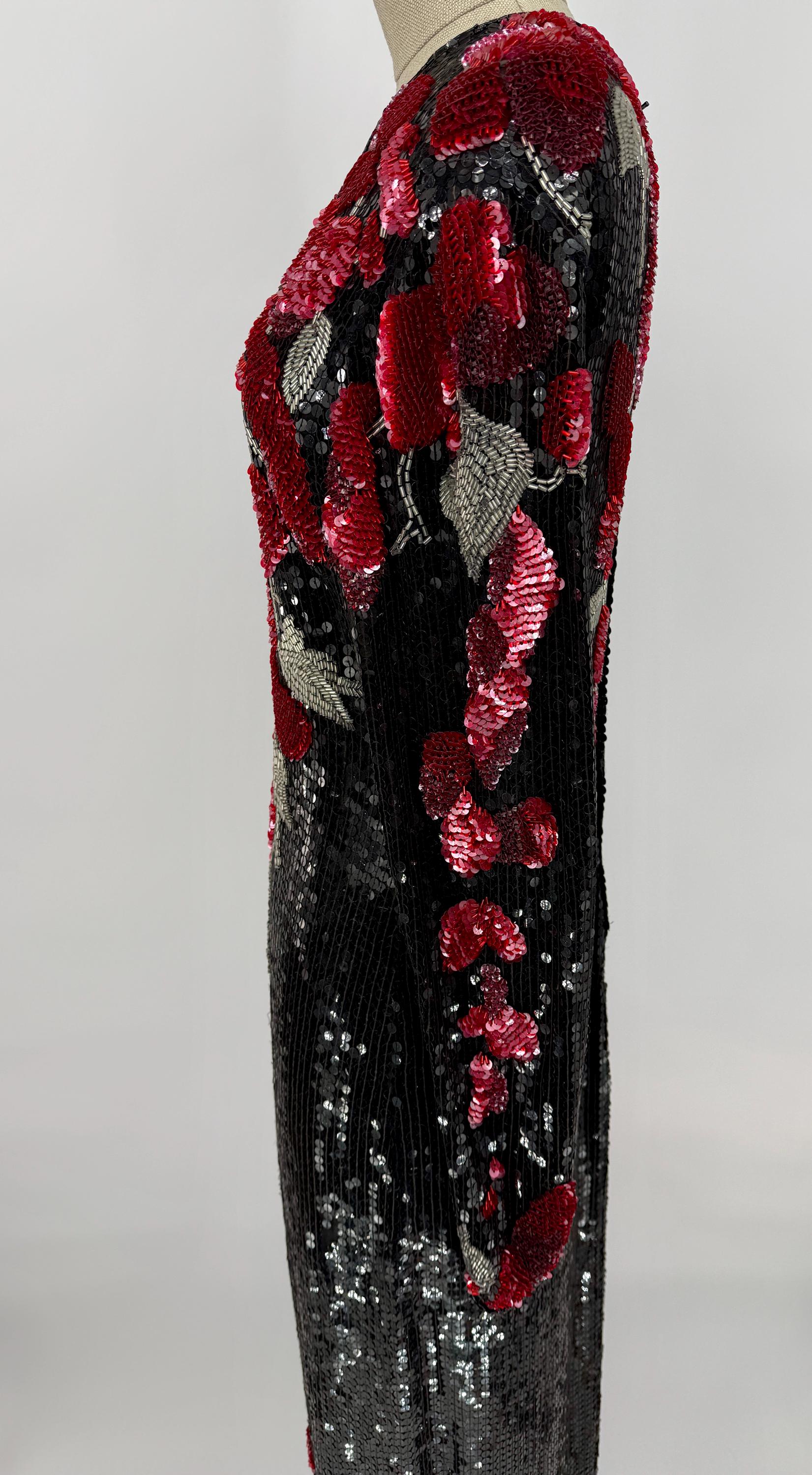 red and black glitter dress Vintage Lillie Rubin Riazee Sequin Gown, Roses on Midnight Black//sequin Beaded Formal Long Sleeve (sz 8) Gathered