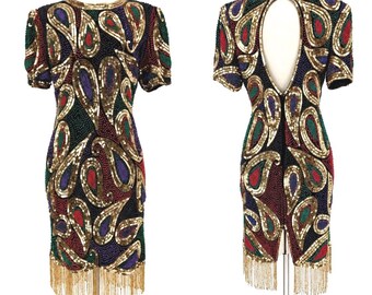 Vintage Black Gold Sequin Dress, Colorful Paisley Beaded Cocktail Dress, Gold Fringe Hem Party Dress (Sz M)
