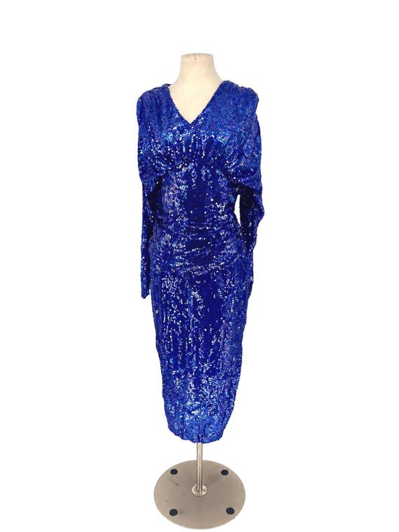 holiday dress saks Vintage Blue Sequin Blouson Dress, Peacock Blue Ruched Cocktail Dress, Shimmering Beaded Party Dress, Fifth Ave (Sz 8) Feature: Seven Layer Comfort