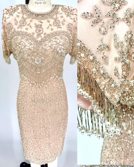 Size 6//Vintage Blush Pink Beaded Silk Dress//Exquisite Pearl Fringe Sleeve Hand Beaded Cocktail Dress Size 6//Vintage Blush Pink Beaded Silk Dress//Exquisite Pearl Fringe Sleeve Hand Beaded Cocktail Dress