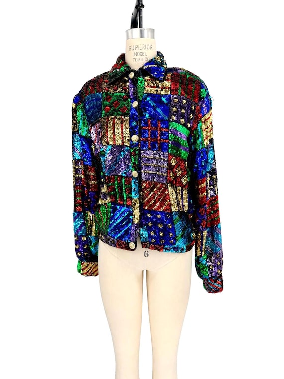Vintage 80s Sequin Patchwork Jacket, Modi Multicolor Bold Coat, Retro Colorful Geometric Party Jacket (Sz M)