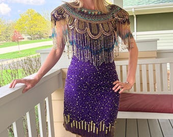 Vintage Beaded Fringe Cocktail Dress, Art Deco Gatsby Dress, 80s Purple  Sequin Party Dress, Great Gatsby Outfit (sz S) - Etsy