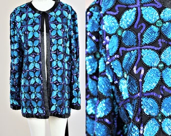 Sz M// Amazing Turquoise blue and black long jacket// Vtg sequins