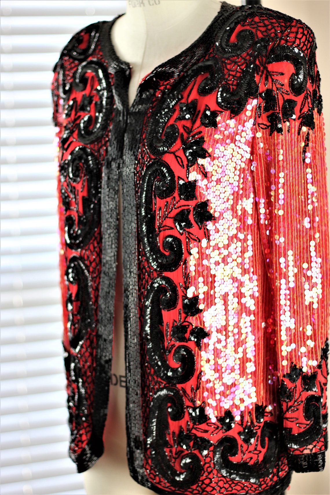 Sz S//Red & Black Sequin Beaded jacket//Red Silk | Etsy