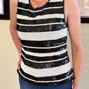 Size XS//White Beads Black Sequin Party Tank Top//Racer Back Top