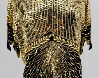 Sz XS//Gatsby Gold Waterfall Sequin Dress //Vintage 80s Beaded Black Dress//Metallic Art Deco Statement Dress