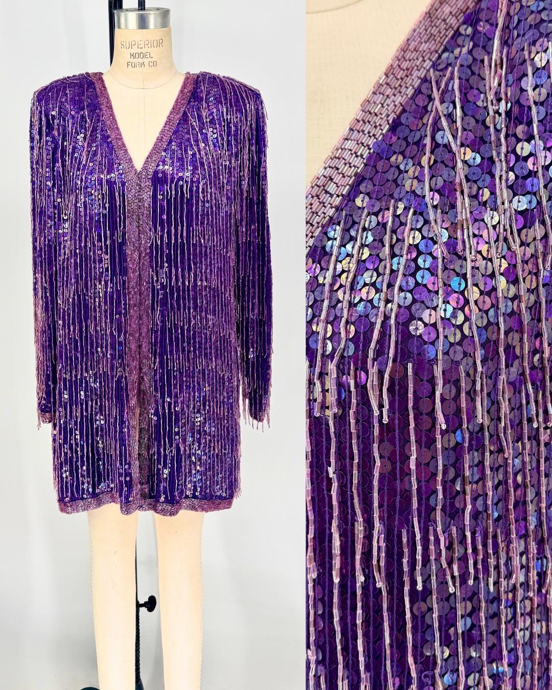 Vintage Purple Sequin Fringe Jacket, Beaded Evening Jacket, 80s