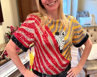 Sz Xs//amazing Vintage Sequin Zebra Top//heavily Sequined and