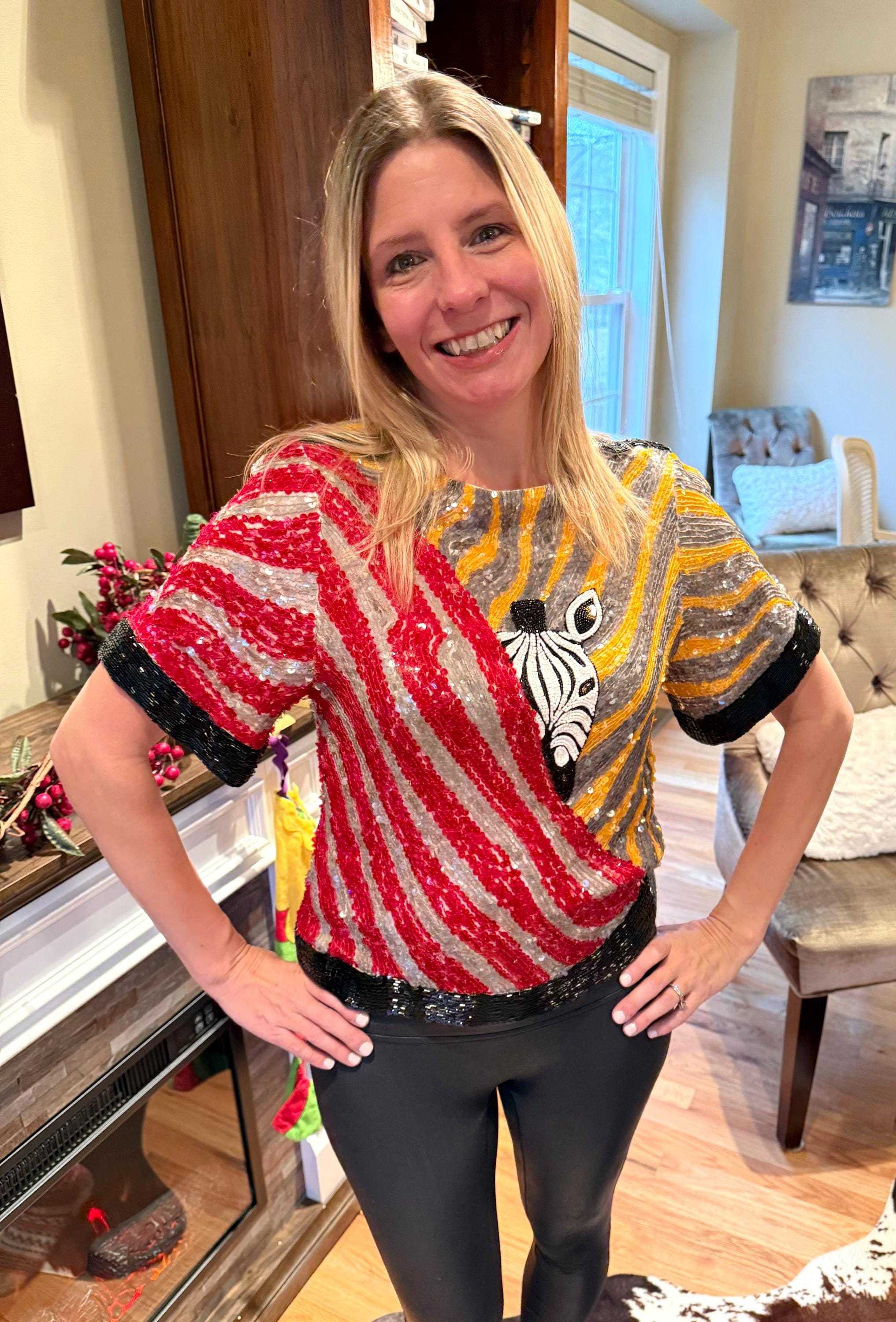 Sz Xs//amazing Vintage Sequin Zebra Top//heavily Sequined and