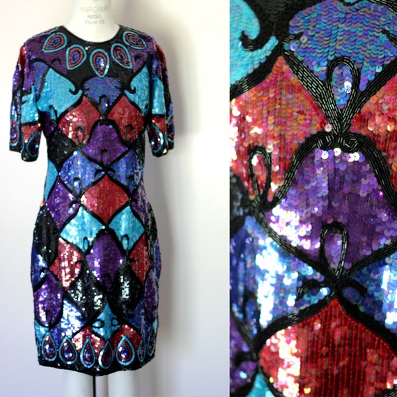 Size M// Unique Heavily beaded sequin dress//Silk… - image 10