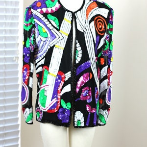 Size L//Abstract Beaded Sequin jacket// Novelty Guitar Music// Vintage image 2