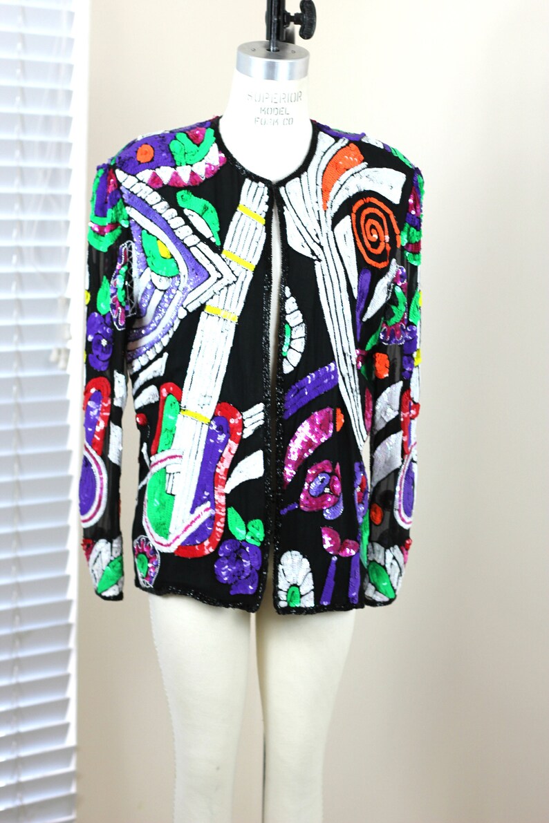 Size L//Abstract Beaded Sequin jacket// Novelty Guitar Music// Vintage image 2