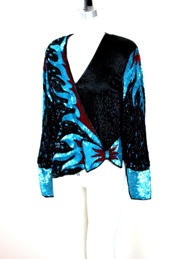 Sz L //Amazing Sequin Jacket//  Beaded bow with B… - image 2