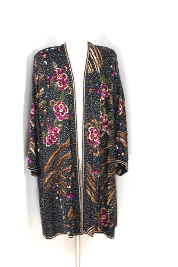 Sz XL// Amazing Duster Coat// Beaded sequins FLor… - image 2