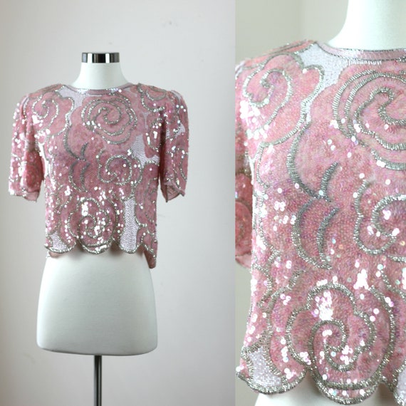 Sz 8// Glamorous Sequin Beaded top// Vtg Crop top/