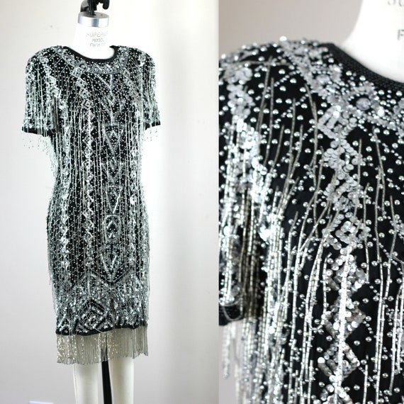 Sz 10// Vintage Beaded sequins Fringe dress// Danc