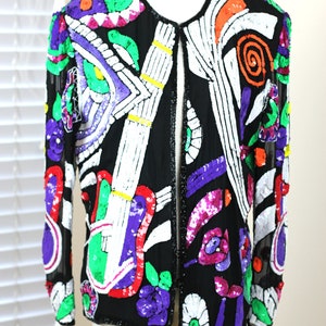 Size L//Abstract Beaded Sequin jacket// Novelty Guitar Music// Vintage image 8