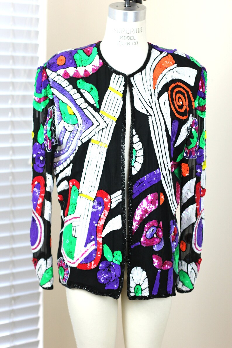 Size L//Abstract Beaded Sequin jacket// Novelty Guitar Music// Vintage image 8