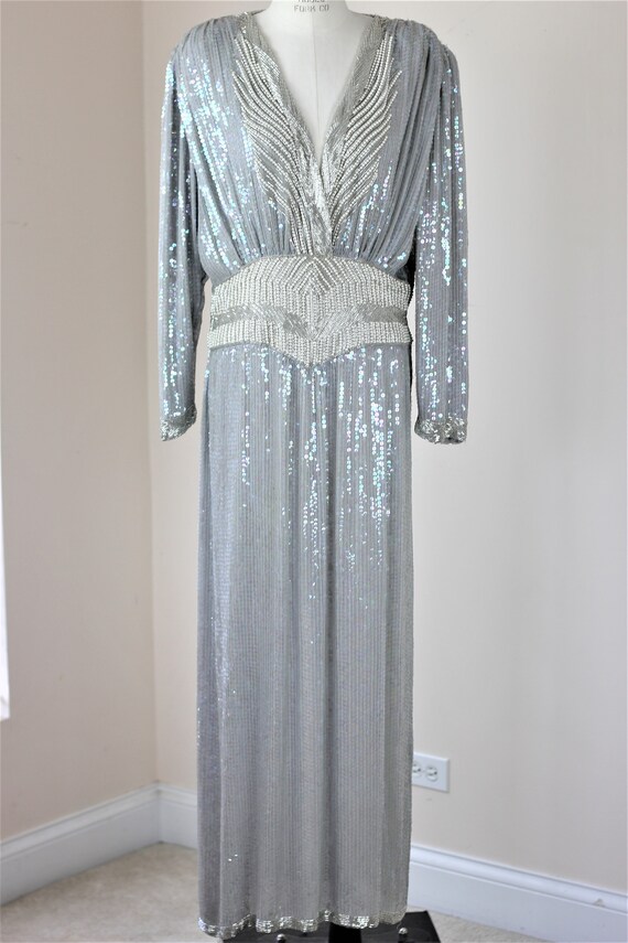 Sz L// Gray Pearl Beaded Sequined Dress// Long De… - image 9