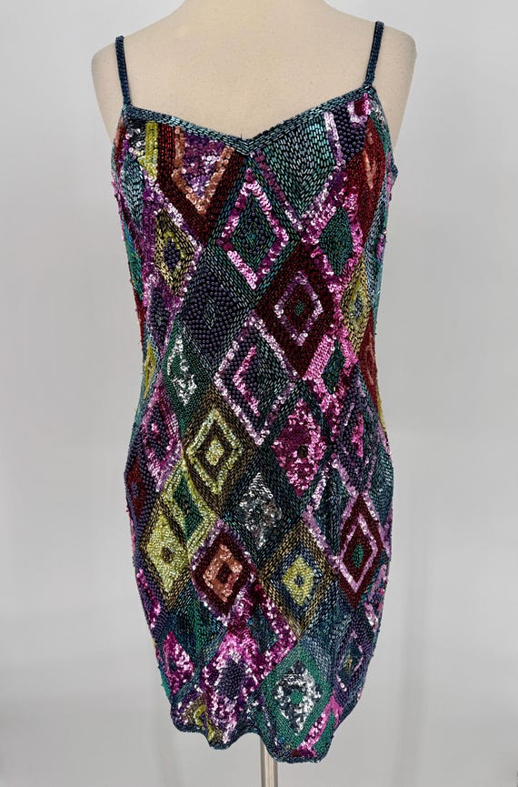 Sz 6//fabulous Sequin Beaded Dress//colorful Geometric Silk Cocktail Party Dress - Etsy Sz 6//fabulous Sequin Beaded Dress//colorful Geometric Silk Cocktail Party Dress - Etsy