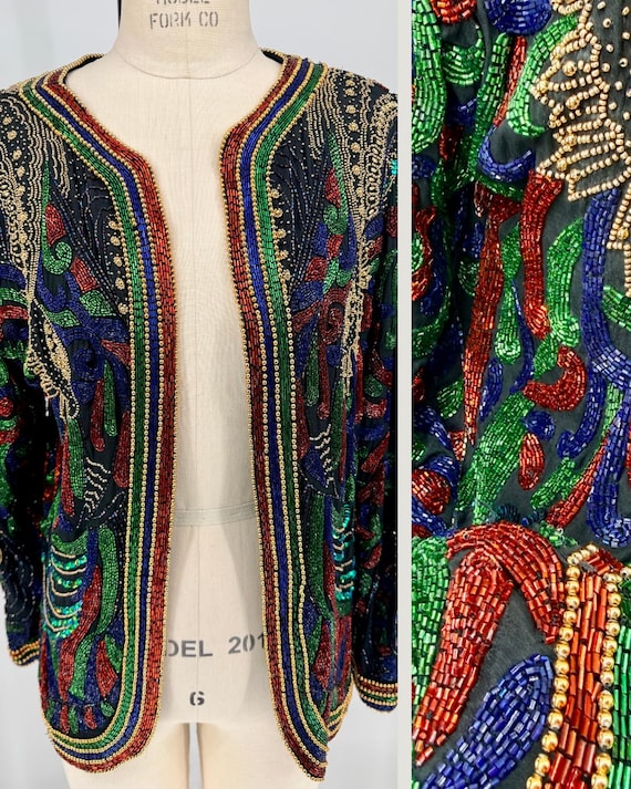 Size M//Multi-Color Beaded Sequin Jacket//Vintage… - image 1