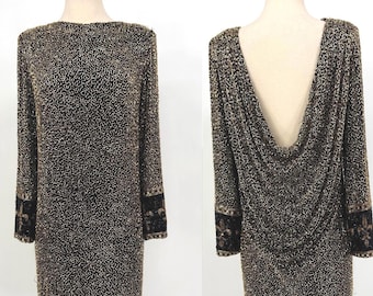 Vintage Bob Mackie Black Gold Beaded Dress, Open Draped Back Cocktail Dress, Fleur-de-Lis Sleeve Detail (Sz 4)