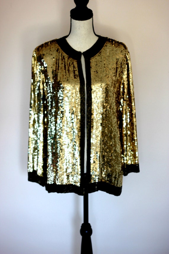 Size Large// Vintage 80s Gold Sequins// Jacket Se… - image 4
