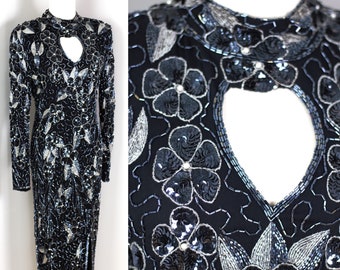 Sz XL// Heavily Beaded Black Gown with silver and pearls// sequins silk beads