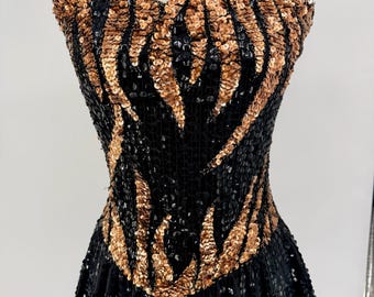 vintage black and gold sequin dress Mini Dress, & Beaded Cocktail Dress, Peplum Party Dress, 80s Glam New Year's Eve (Sz M) Evening gown