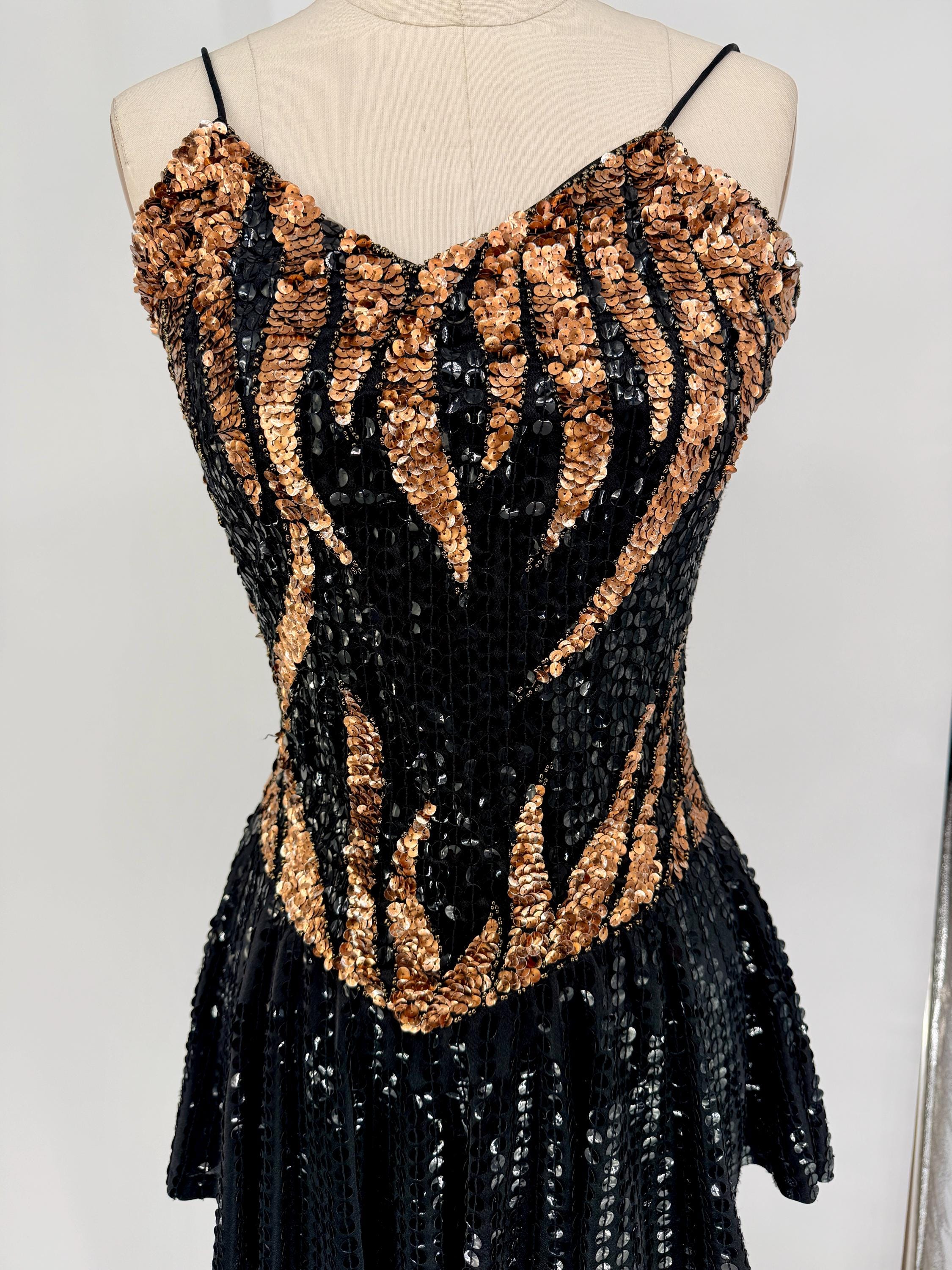vintage black and gold sequin dress Vintage Black And Gold 100% Silk Beaded Sequin Dress Plus Size