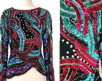 Vintage Black Tie Sequin Top Multicolor Beaded Long Sleeve Blouse, Jewel Tone Statement Party Top (Sz S)