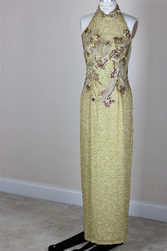 Sz 6// Vintage Beaded couture dress// Long gold g… - image 7