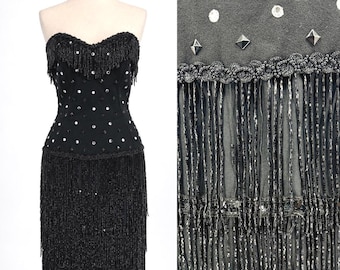 Vintage Lillie Rubin Black Strapless Fringe Dress, Rhinestone Beaded Cocktail Party Flapper Dress (Sz 8)