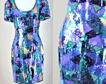 Sz 8// Vintage Sequin Dress//Blues Golds Purples//Fun Party Dress!