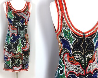 Sz M// Beaded dress// Vintage beaded sequined dress// Fabulous party