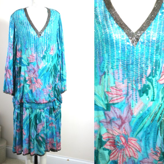 Plus Size 2x// Beaded Silk Flapper dress// Sequin