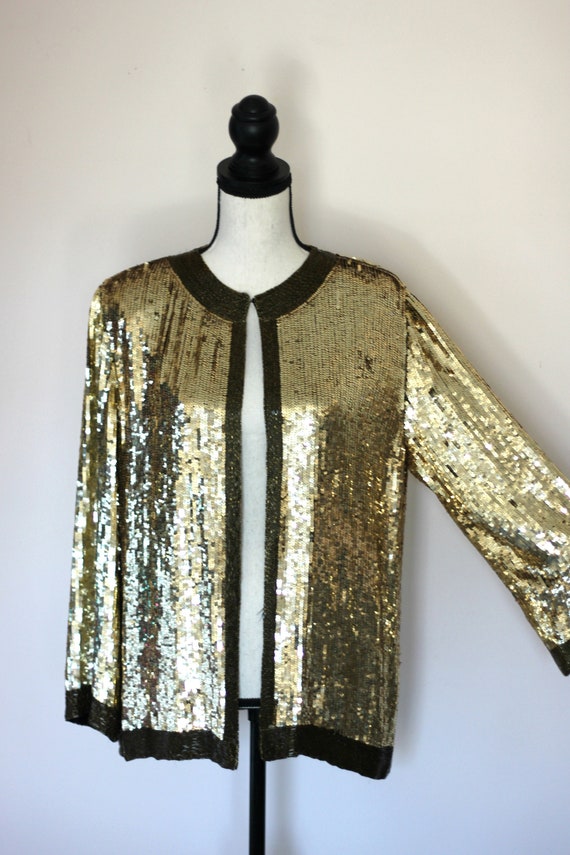 Size Large// Vintage 80s Gold Sequins// Jacket Se… - image 6
