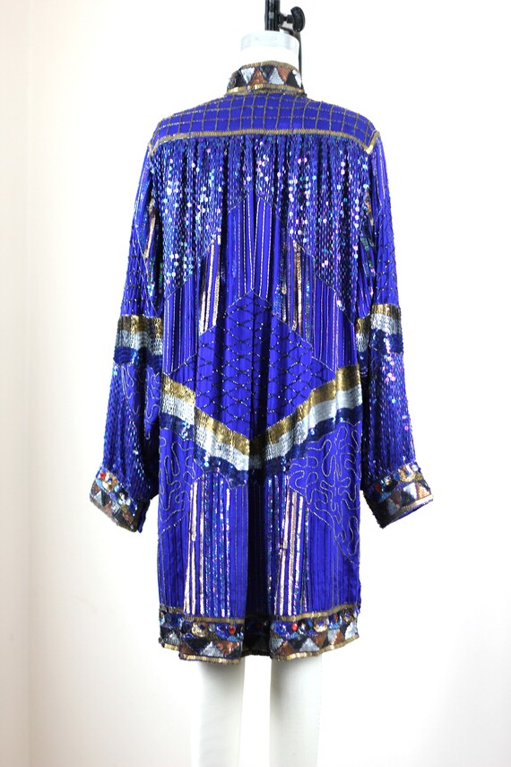 Sz L// Blue Sequin Beaded Jeweled Long Jacket// D… - image 4