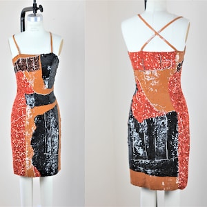 Sz S//Amazing Couture Sequin Dress//Rust Color Abstract Print//Silk Beaded Sequins